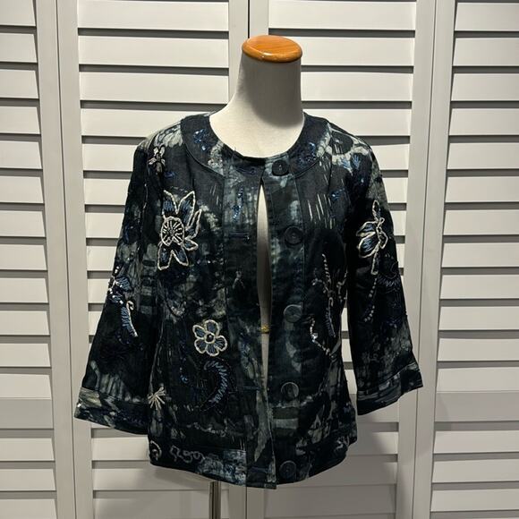 Chico’s Denim Jacket beautiful embroidered and embellished with sequins/ beads. - Picture 1 of 7